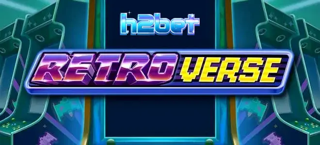 Captura de tela do jogo RetroVerse da Push Gaming, mostrando um cenário de arcade futurista com símbolos vibrantes e coloridos em um layout de 6 cilindros.